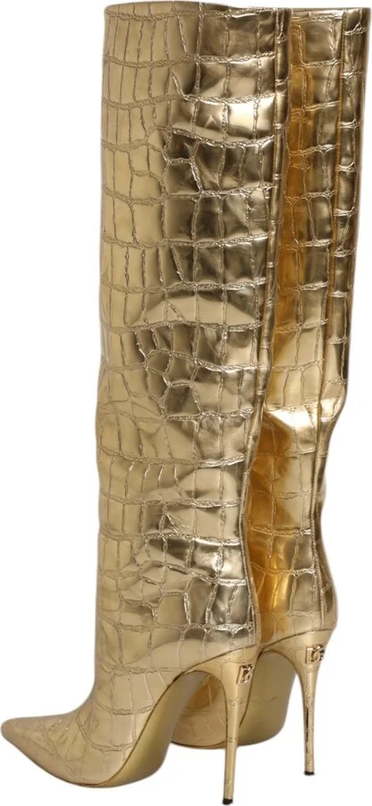 Gold Leather Stiletto Heels High Boots Women's Shoes - Image 5