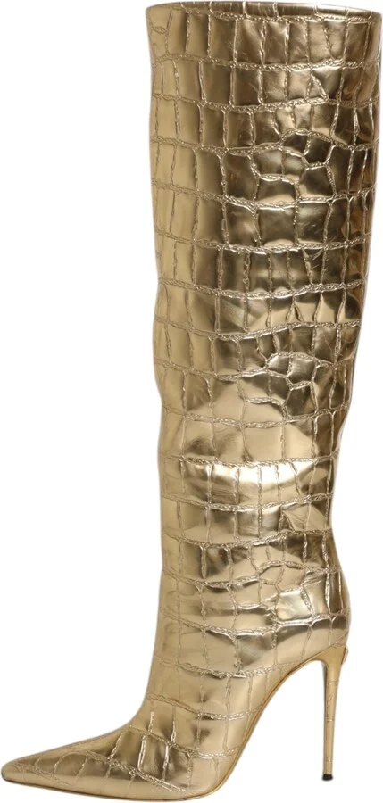 Gold Leather Stiletto Heels High Boots Women's Shoes - Image 6