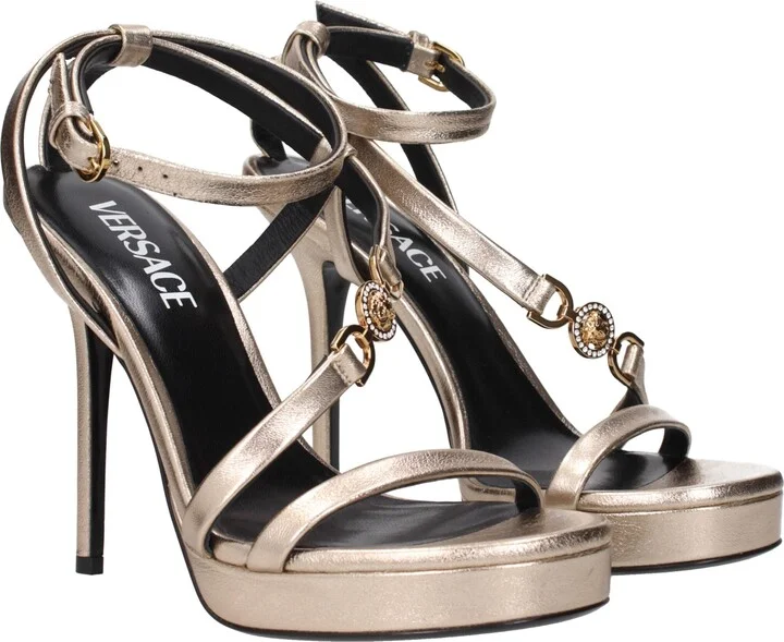 Gold Leather Stiletto Heels Women's Sandals - Image 2
