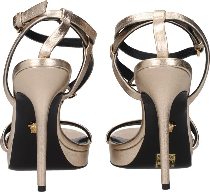 Gold Leather Stiletto Heels Women's Sandals - Image 5