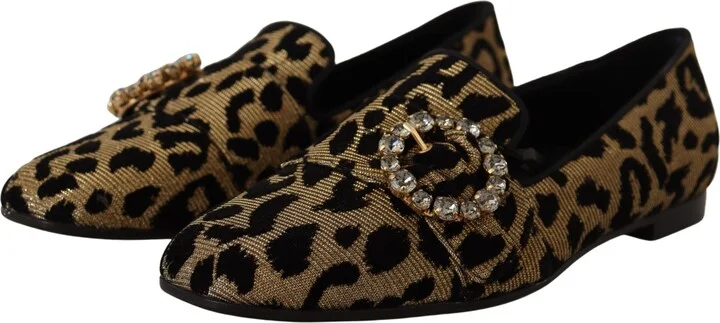 Gold Leopard Print Crystals Loafers Women's Shoes - Image 3