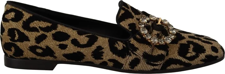 Gold Leopard Print Crystals Loafers Women's Shoes