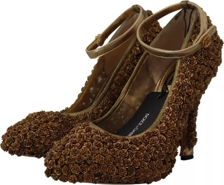 Gold Roses Embellished Heels Pumps Women's Shoes (Pre-Owned) - Image 5