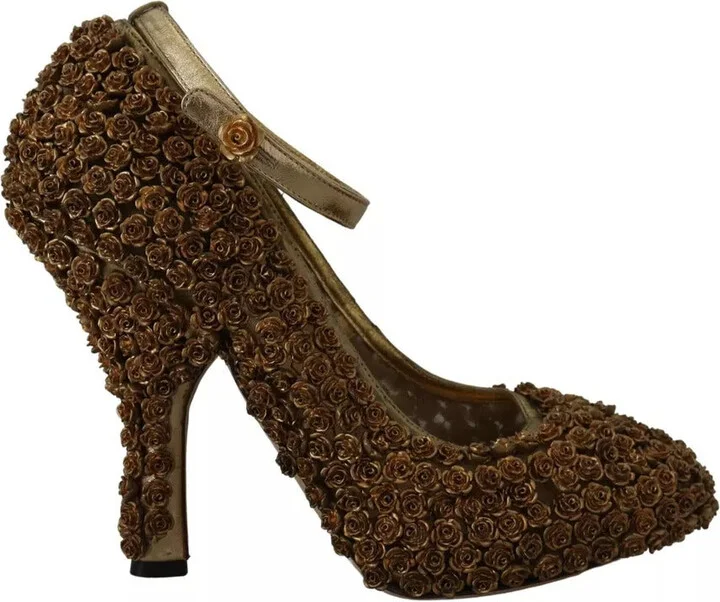 Gold Roses Embellished Heels Pumps Women's Shoes (Pre-Owned)