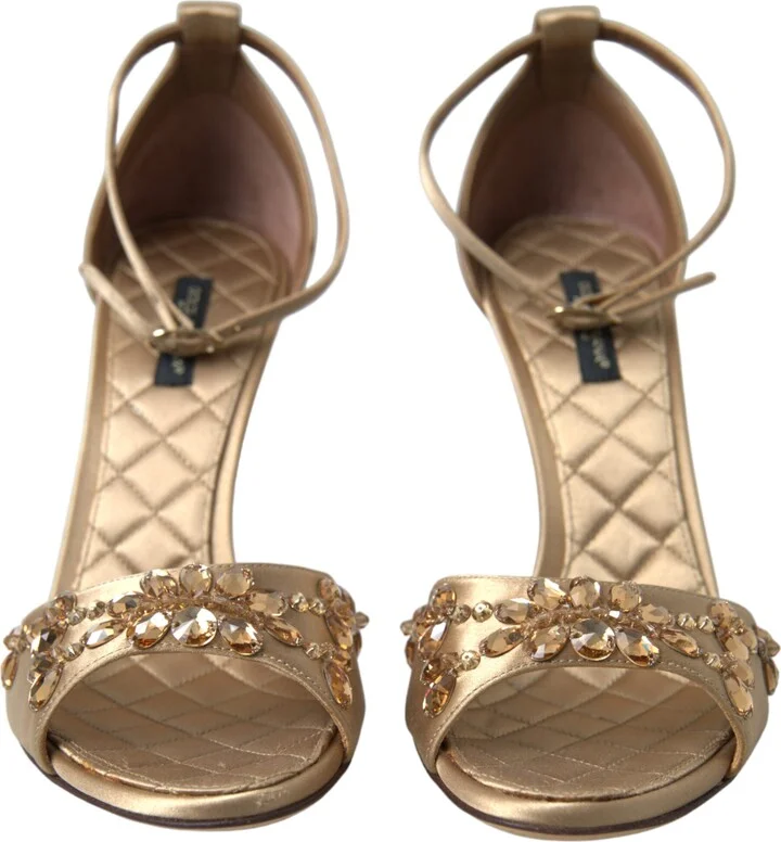 Gold Satin Ankle Strap Crystal Sandals Women's Shoes - Image 2
