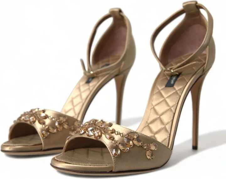 Gold Satin Ankle Strap Crystal Sandals Women's Shoes - Image 3