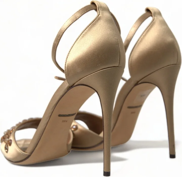 Gold Satin Ankle Strap Crystal Sandals Women's Shoes - Image 4