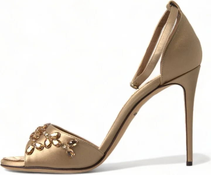 Gold Satin Ankle Strap Crystal Sandals Women's Shoes - Image 5