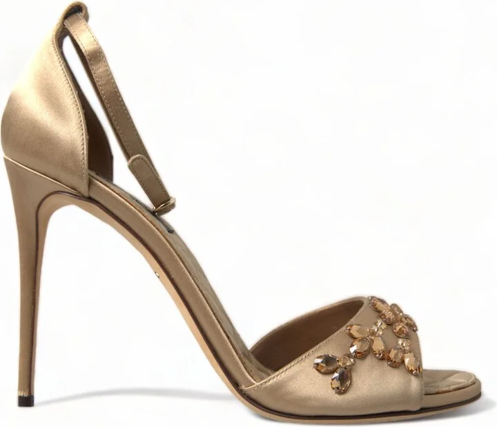 Gold Satin Ankle Strap Crystal Sandals Women's Shoes