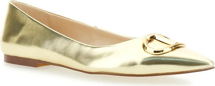 Gold Tone Ballet Flats With Oval T Detail In Laminated Leather Woman - Image 2