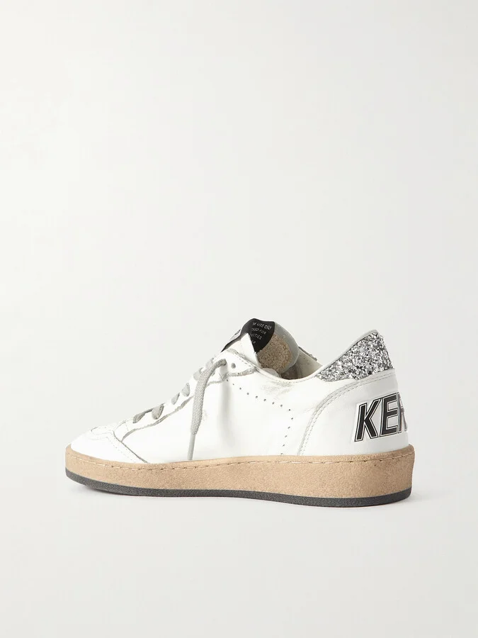 Golden Goose - Ball Star Distressed Glittered Leather Sneakers - White - Image 3