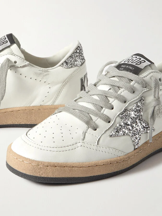 Golden Goose - Ball Star Distressed Glittered Leather Sneakers - White - Image 4