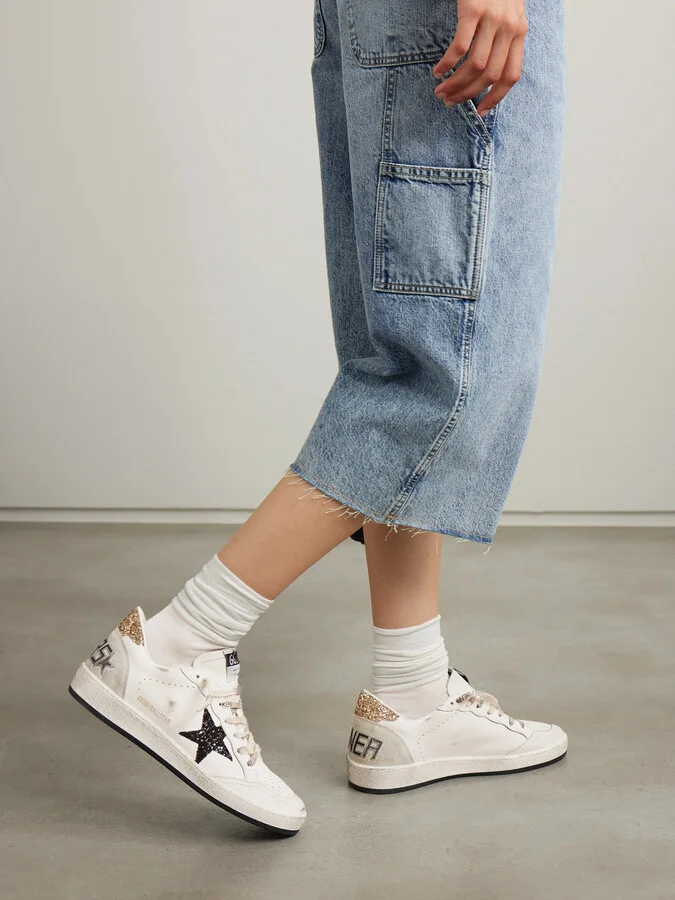 Golden Goose - Ball Star Distressed Glittered Suede-trimmed Leather Sneakers - White - Image 2