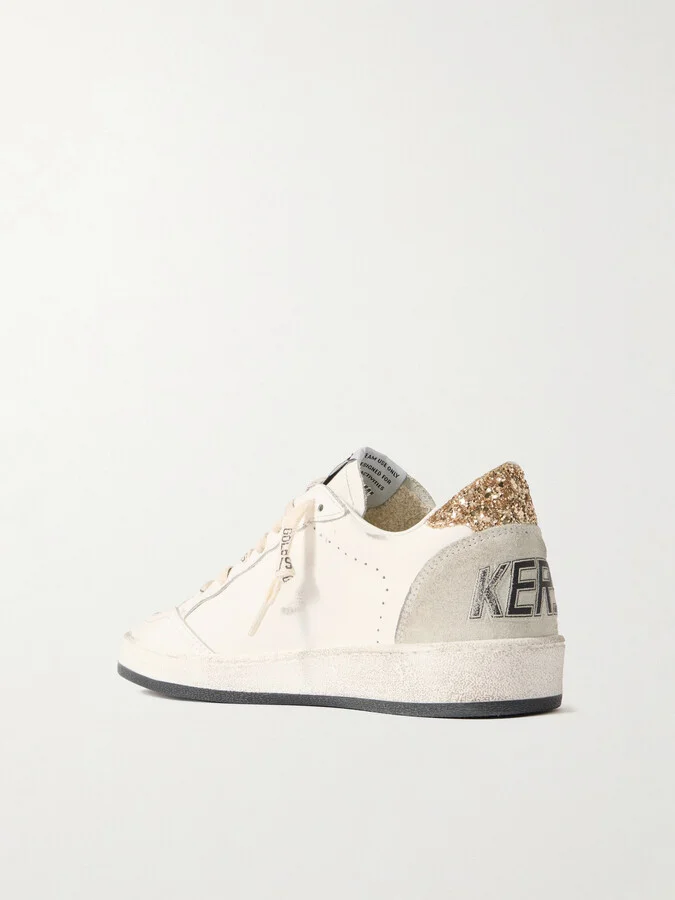 Golden Goose - Ball Star Distressed Glittered Suede-trimmed Leather Sneakers - White - Image 3