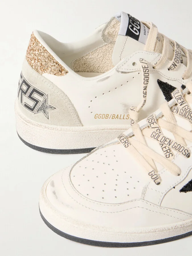 Golden Goose - Ball Star Distressed Glittered Suede-trimmed Leather Sneakers - White - Image 4
