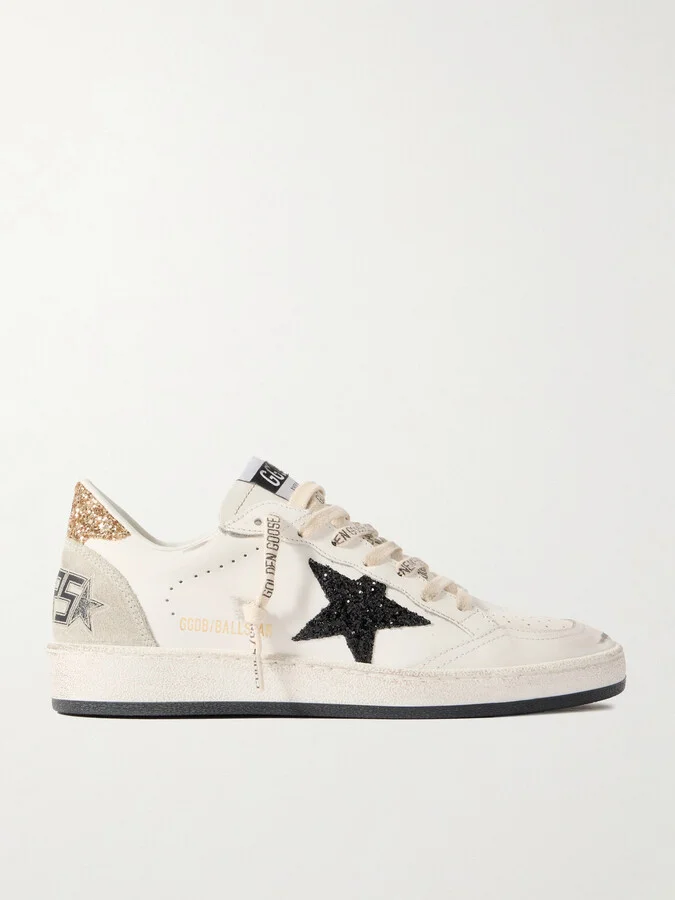 Golden Goose - Ball Star Distressed Glittered Suede-trimmed Leather Sneakers - White