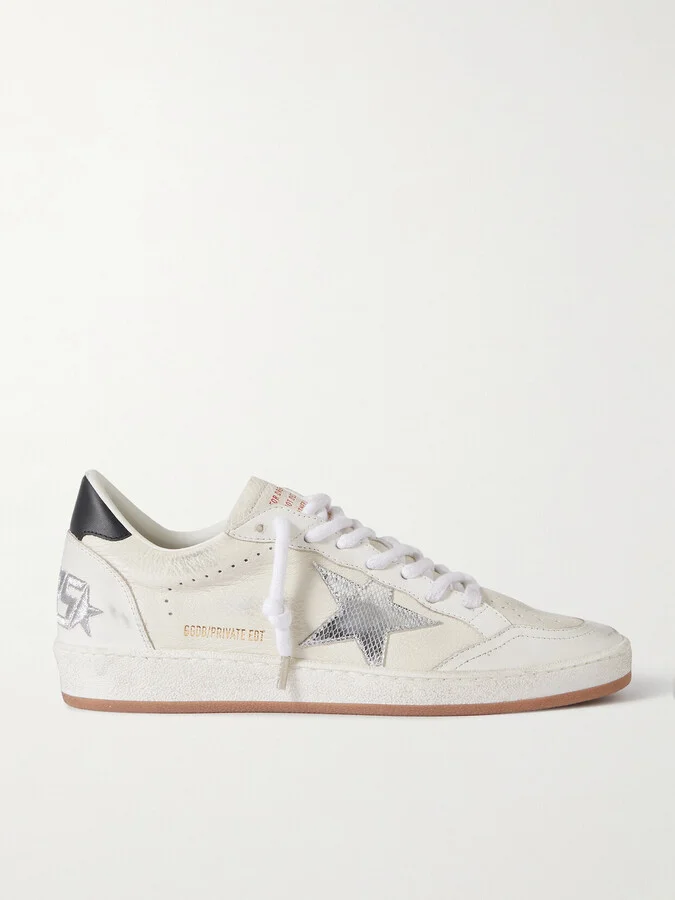 Golden Goose - Ball Star Distressed Metallic-trimmed Leather Sneakers - White