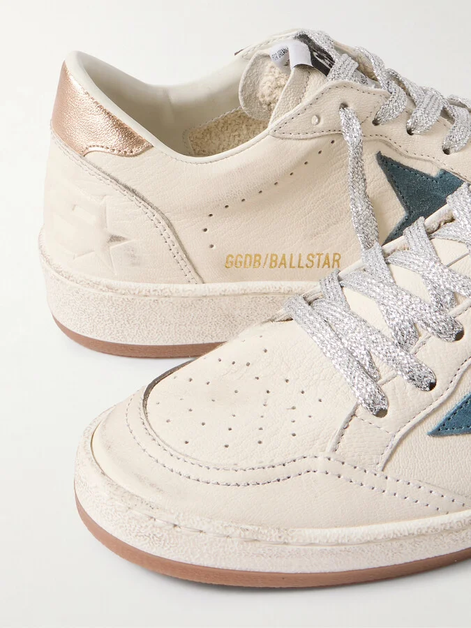 Golden Goose - Ball Star Distressed Suede-trimmed Leather Sneakers - White - Image 4