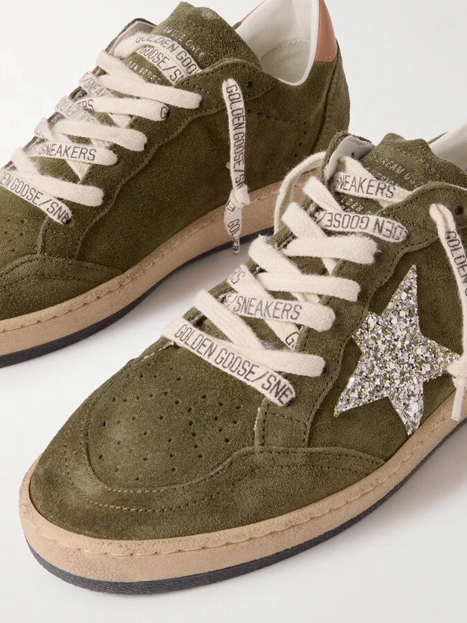 Golden Goose - Ball Star Glittered Leather-trimmed Suede Sneakers - Green - Image 4