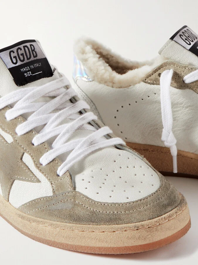 Golden Goose - Ball Star Shearling-lined Distressed Suede-trimmed Leather Sneakers - White - Image 4