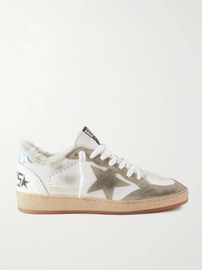 Golden Goose - Ball Star Shearling-lined Distressed Suede-trimmed Leather Sneakers - White
