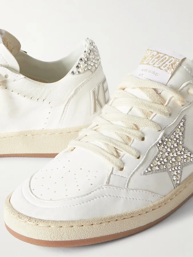 Golden Goose - Ball Star Shearling-lined Embellished Distressed Leather Sneakers - White - Image 4