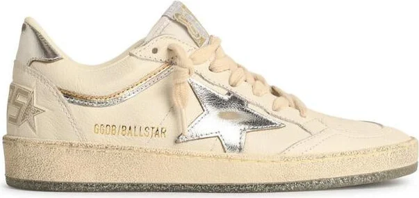 Golden Goose 'Ball-Star' White Leather Sneakers With Silver Star And Heel