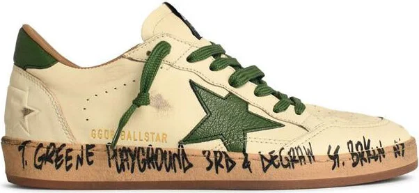 Golden Goose 'Ball-Star' White Nappa Leather Sneakers With Green Star And Heel