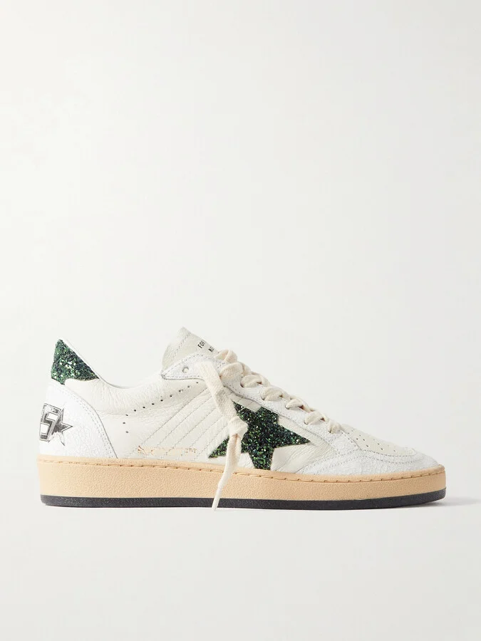 Golden Goose - Ballstar Glittered Distressed Leather Sneakers - White