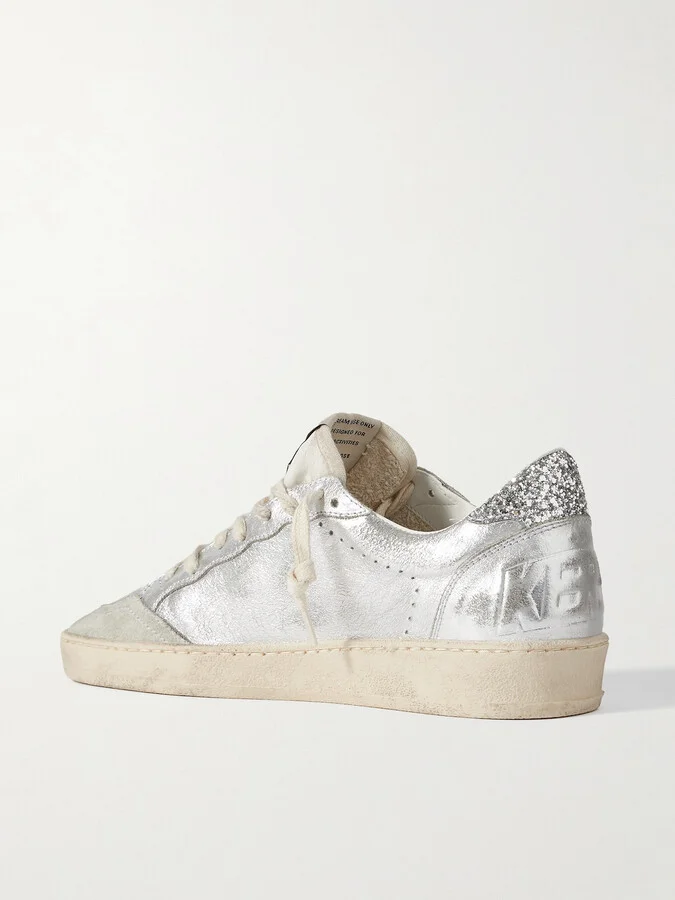 Golden Goose - Ballstar Glittered Distressed Metallic Leather Sneakers - Silver - Image 3