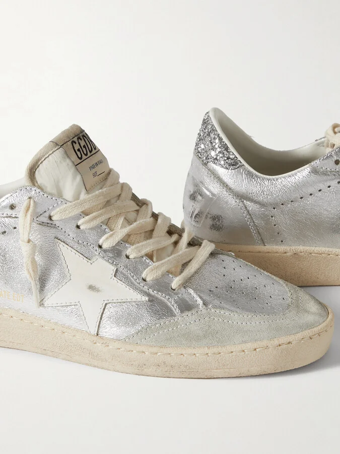 Golden Goose - Ballstar Glittered Distressed Metallic Leather Sneakers - Silver - Image 4