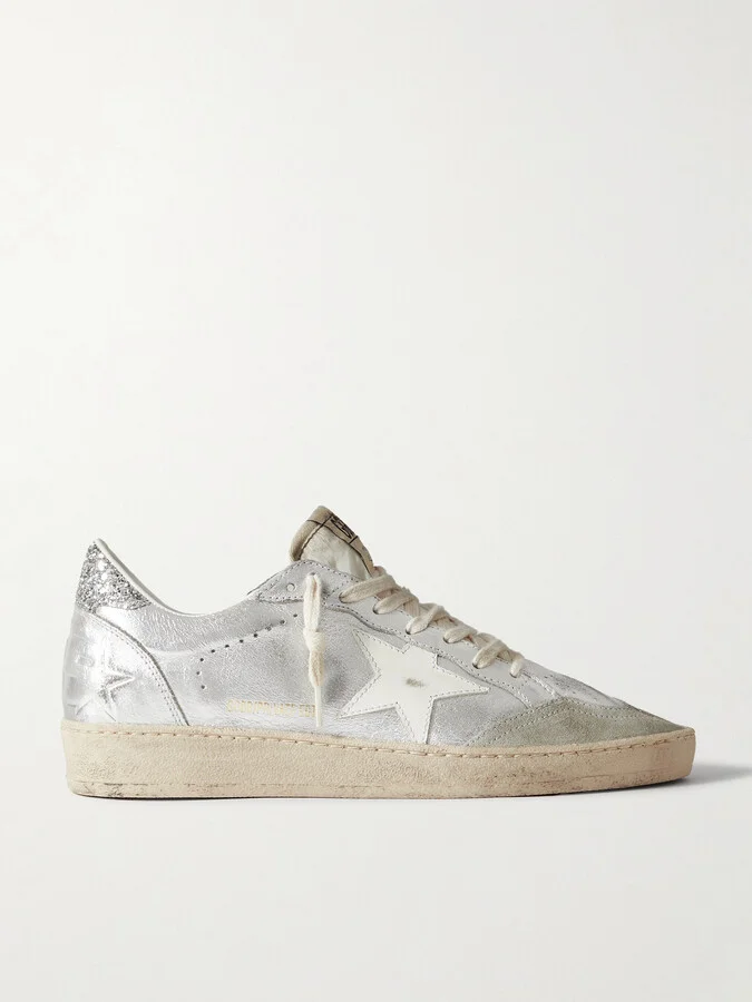 Golden Goose - Ballstar Glittered Distressed Metallic Leather Sneakers - Silver