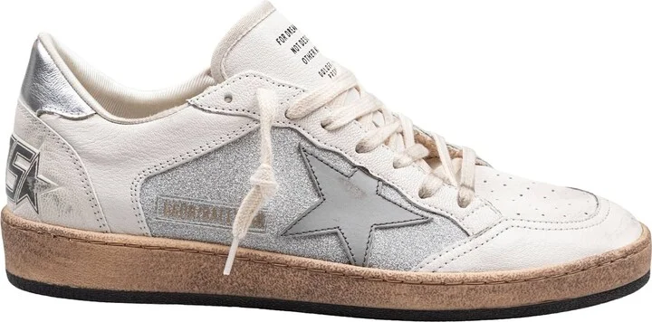 Golden Goose Ballstar In Nappa And Glitter Natural And Silver Color