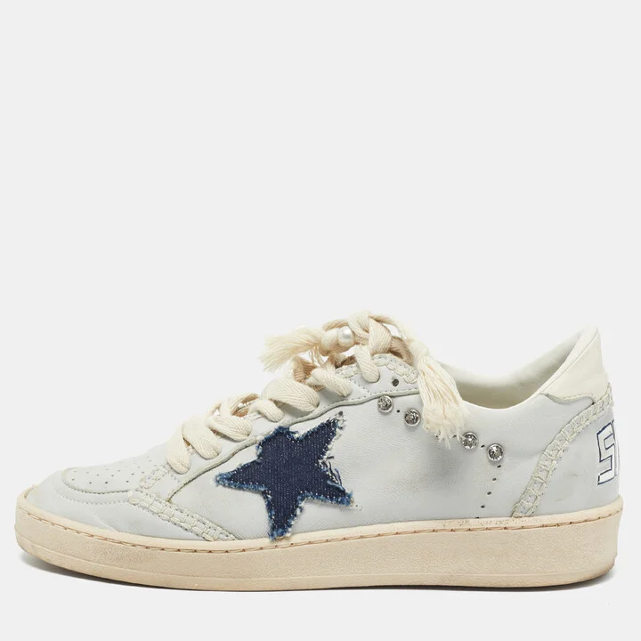 Golden Goose Blue Leather Embellished Ballstar Sneakers Size 38