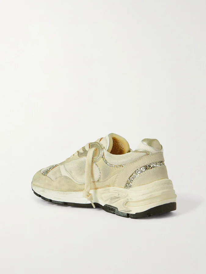 Golden Goose - Dad-star Distressed Glittered Suede, Mesh And Metallic Leather Sneakers - Neutrals - Image 3