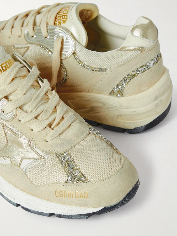 Golden Goose - Dad-star Distressed Glittered Suede, Mesh And Metallic Leather Sneakers - Neutrals - Image 4