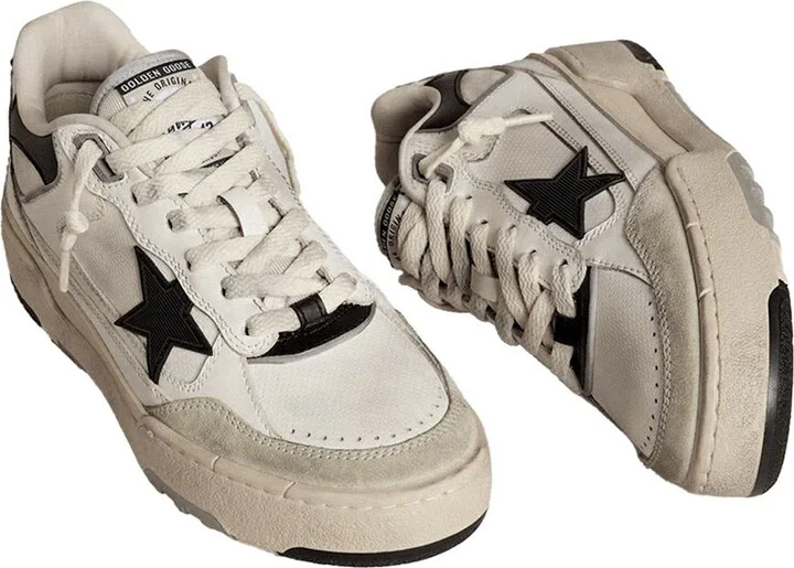 Golden Goose Forty2 Distressed Finish Leather And Fabric Sneakers With Black Star Shoes - Image 2