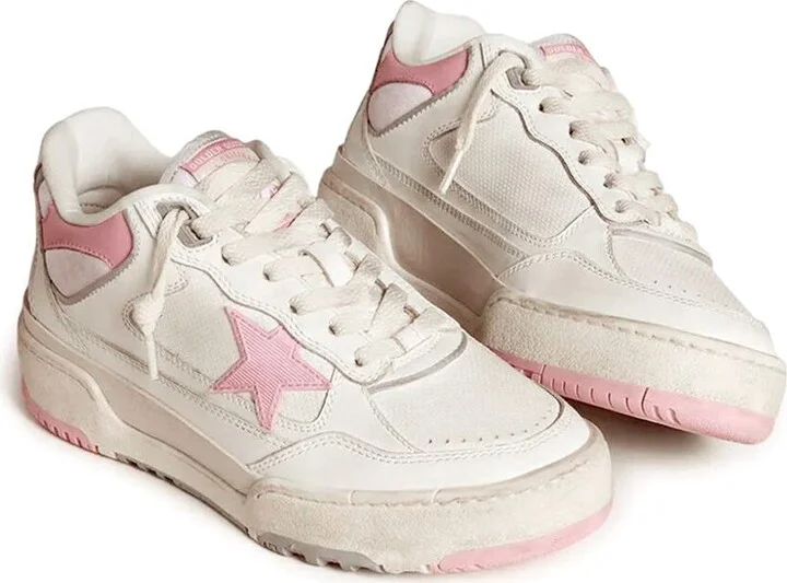 Golden Goose Forty2 Distressed Finish Leather And Fabric Sneakers With Pink Star Shoes - Image 2