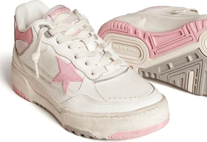 Golden Goose Forty2 Distressed Finish Leather And Fabric Sneakers With Pink Star Shoes - Image 4