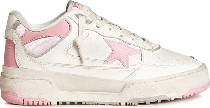 Golden Goose Forty2 Distressed Finish Leather And Fabric Sneakers With Pink Star Shoes