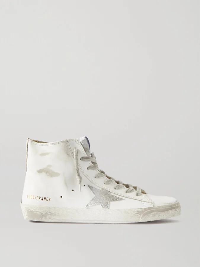 Golden Goose - Francy Glittered Distressed Leather And Suede High-top Sneakers - White
