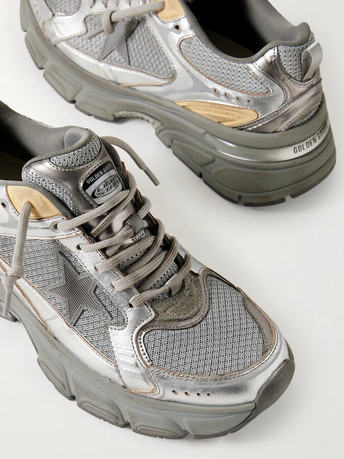 Golden Goose - Lightstar Metallic Leather And Rubber-trimmed Mesh Sneakers - Silver - Image 4