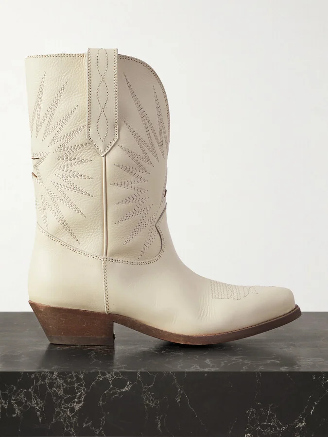 Golden Goose - Low Wish Star Embroidered Leather Cowboy Boots - Cream