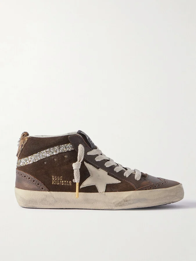 Golden Goose - Mid Star Distressed Crystal-embellished Leather And Suede High-top Sneakers - Brown