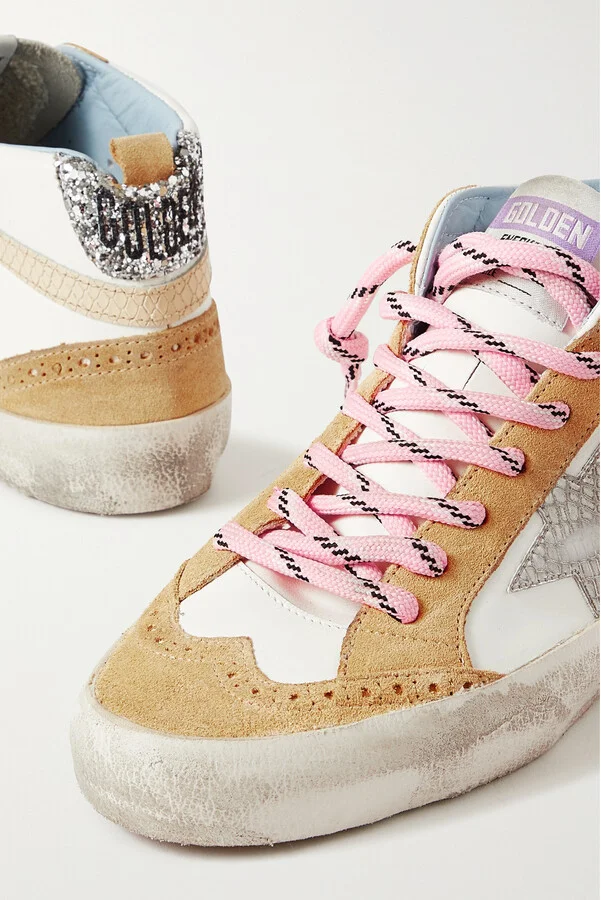 Golden Goose - Mid Star Distressed Glittered Leather And Suede Sneakers - Off-white - Image 4