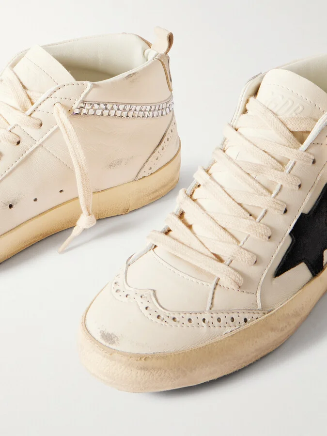 Golden Goose - Mid Star Distressed Suede-trimmed Crystal-embellished Leather Sneakers - White - Image 4