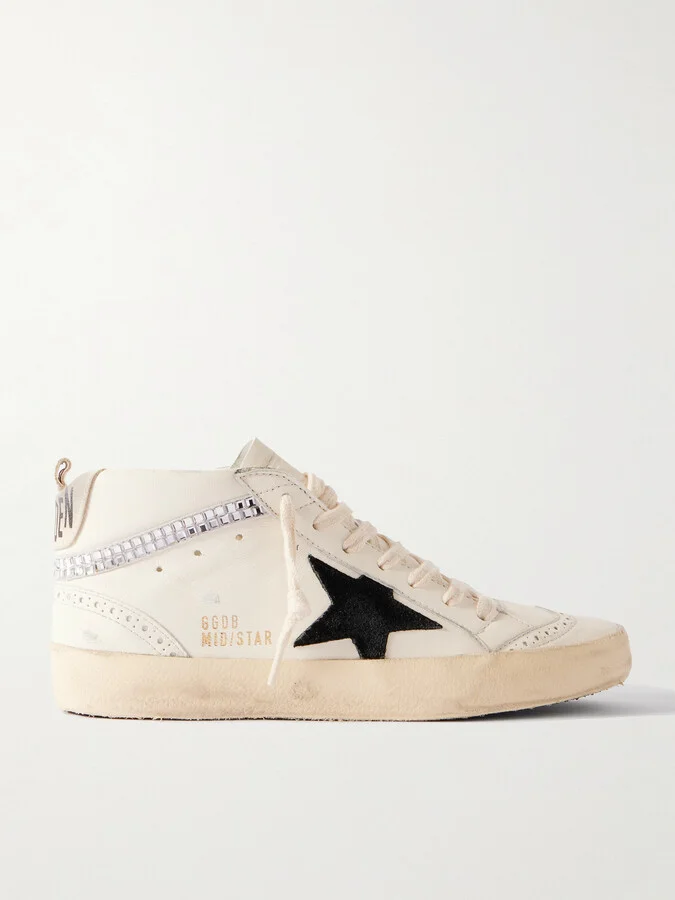 Golden Goose - Mid Star Distressed Suede-trimmed Crystal-embellished Leather Sneakers - White