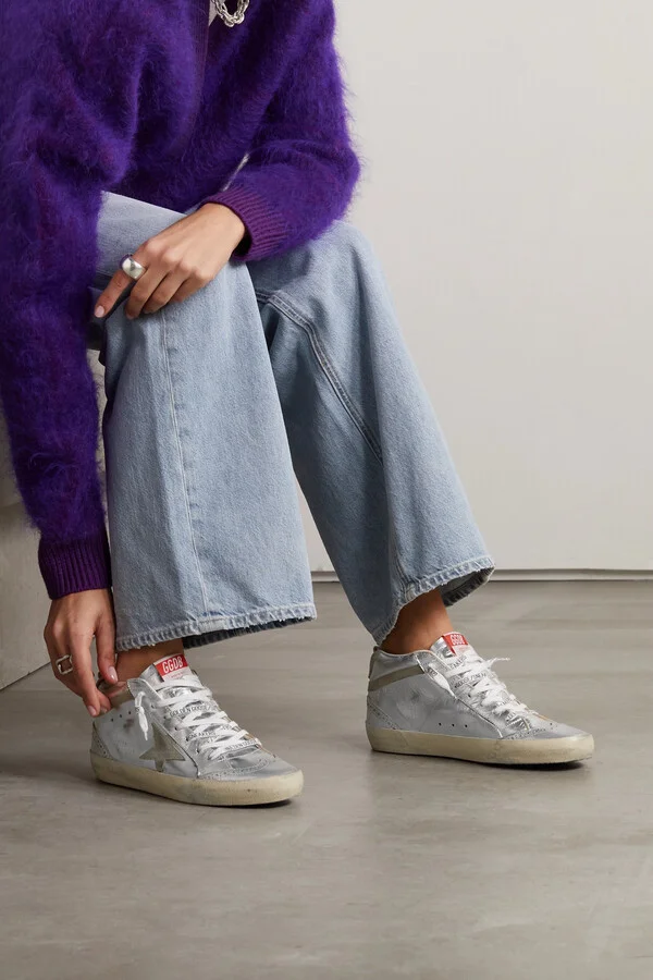 Golden Goose - Mid Star Distressed Suede-trimmed Metallic Leather Sneakers - Silver - Image 2
