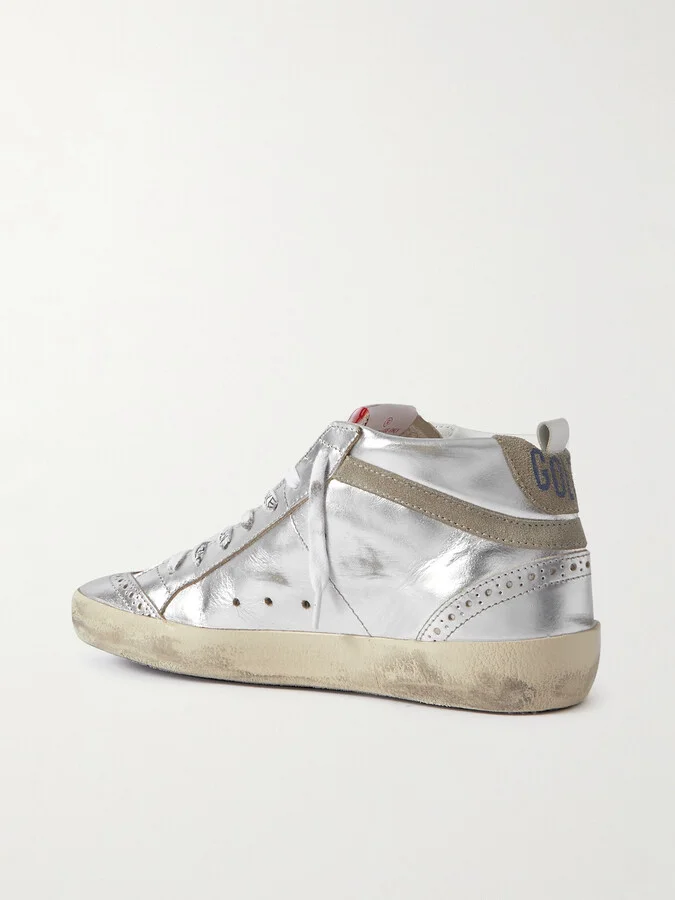 Golden Goose - Mid Star Distressed Suede-trimmed Metallic Leather Sneakers - Silver - Image 3