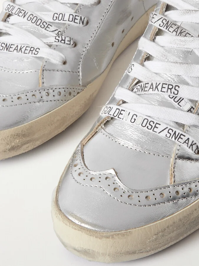 Golden Goose - Mid Star Distressed Suede-trimmed Metallic Leather Sneakers - Silver - Image 4